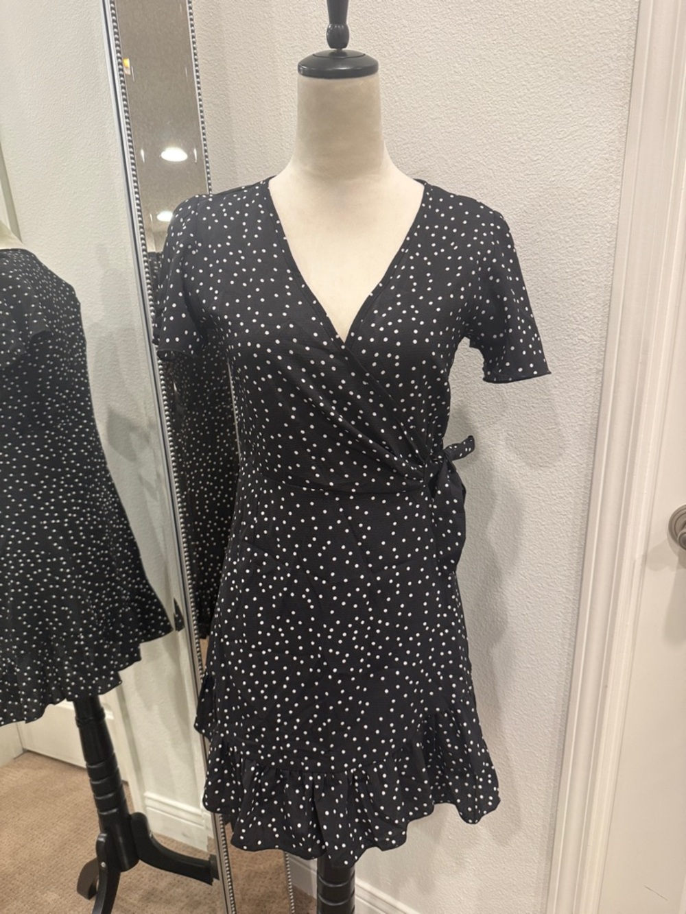 Black and White Polka Dot Wrap Mini Dress NWT